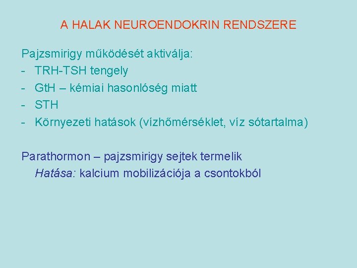 A HALAK NEUROENDOKRIN RENDSZERE Pajzsmirigy működését aktiválja: - TRH-TSH tengely - Gt. H –