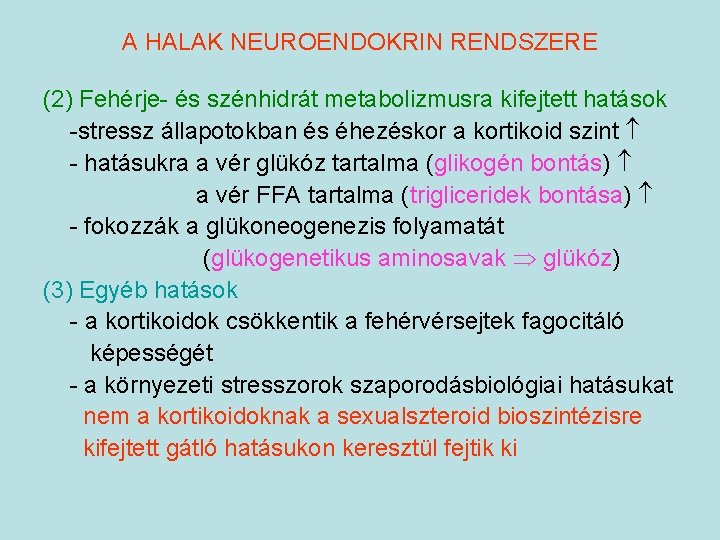 A HALAK NEUROENDOKRIN RENDSZERE (2) Fehérje- és szénhidrát metabolizmusra kifejtett hatások -stressz állapotokban és