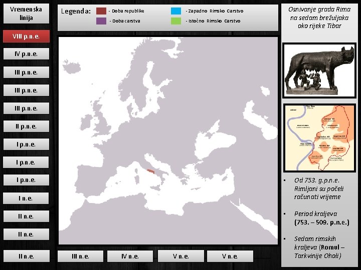 Vremenska linija Legenda: - Doba republike - Zapadno Rimsko Carstvo - Doba carstva -