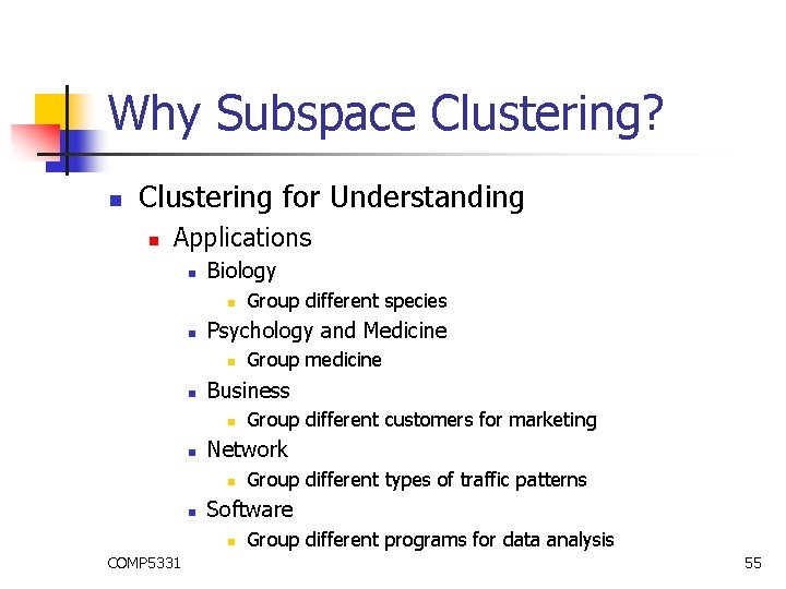 Why Subspace Clustering? n Clustering for Understanding n Applications n Biology n n Psychology Why Subspace Clustering? n Clustering for Understanding n Applications n Biology n n Psychology
