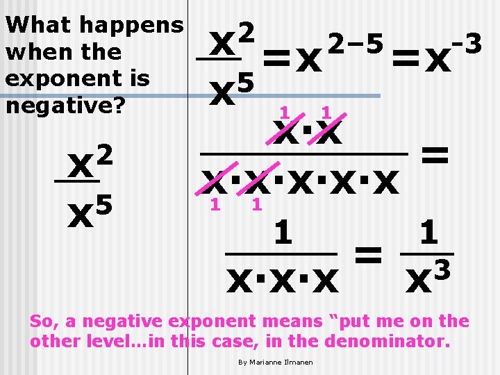 What happens when the exponent is negative? 2 x 5 x =x 2– 5