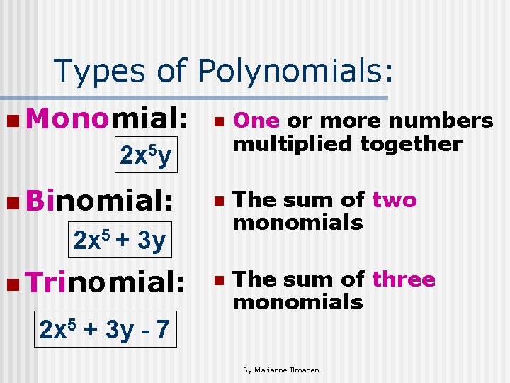 Types of Polynomials: n Monomial: n One or more numbers multiplied together n The