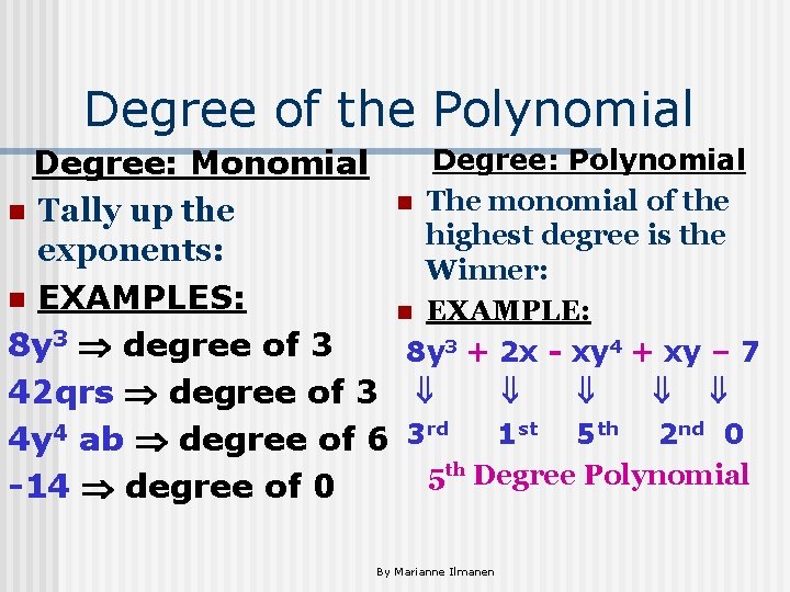 Degree of the Polynomial Degree: Monomial n The monomial of the n Tally up