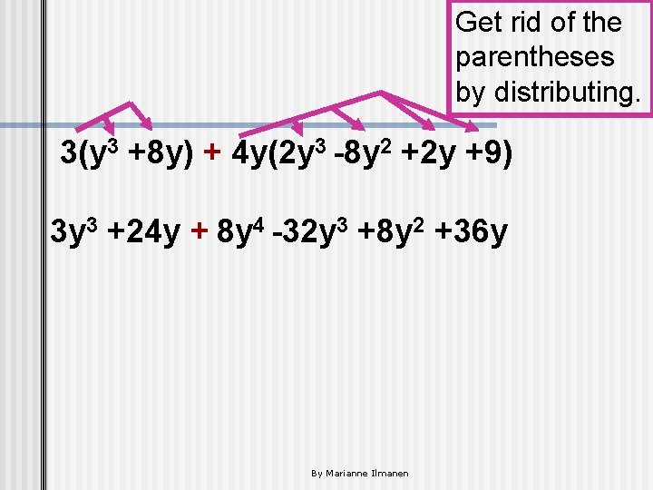 Get rid of the parentheses by distributing. 3(y 3 +8 y) + 4 y(2