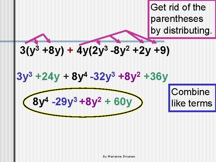 Get rid of the parentheses by distributing. 3(y 3 +8 y) + 4 y(2