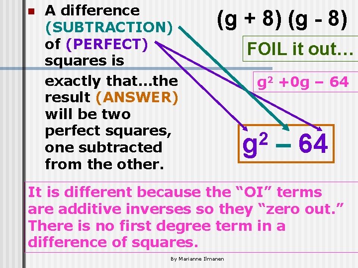 n A difference (SUBTRACTION) of (PERFECT) squares is exactly that…the result (ANSWER) will be