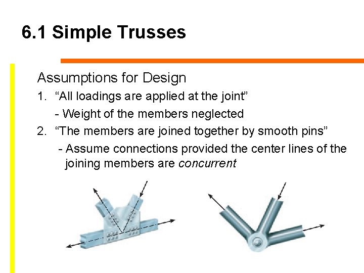 6. 1 Simple Trusses Assumptions for Design 1. “All loadings are applied at the