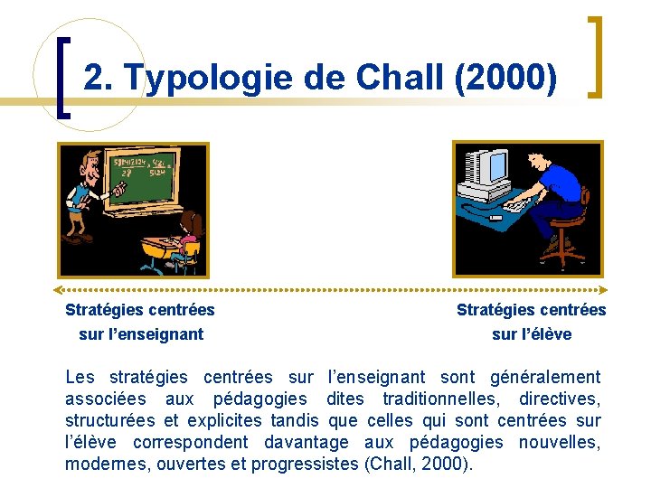 2. Typologie de Chall (2000) Stratégies centrées sur l’enseignant Stratégies centrées sur l’élève Les