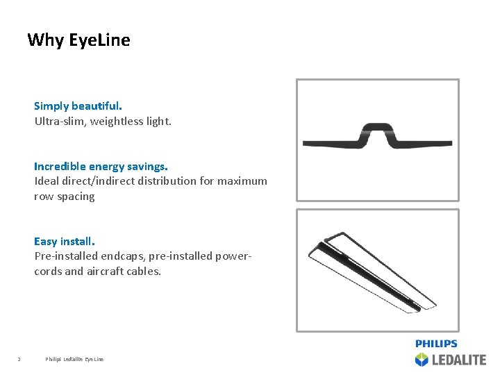 Why Eye. Line Simply beautiful. Ultra-slim, weightless light. Incredible energy savings. Ideal direct/indirect distribution