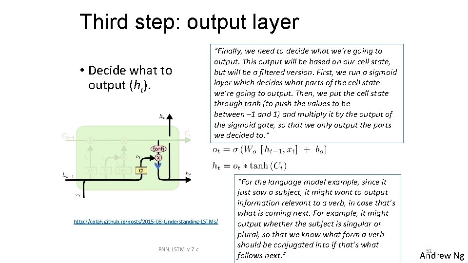 Third step: output layer • Decide what to output (ht). “Finally, we need to
