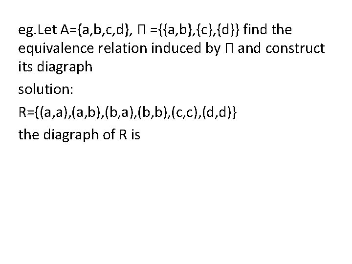eg. Let A={a, b, c, d}, Π ={{a, b}, {c}, {d}} find the equivalence