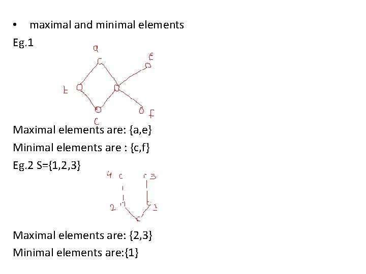  • maximal and minimal elements Eg. 1 Maximal elements are: {a, e} Minimal
