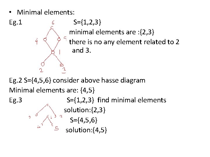 • Minimal elements: Eg. 1 S={1, 2, 3} minimal elements are : {2,