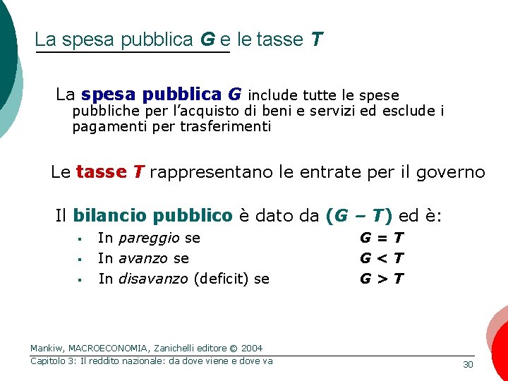 La spesa pubblica G e le tasse T La spesa pubblica G include tutte La spesa pubblica G e le tasse T La spesa pubblica G include tutte