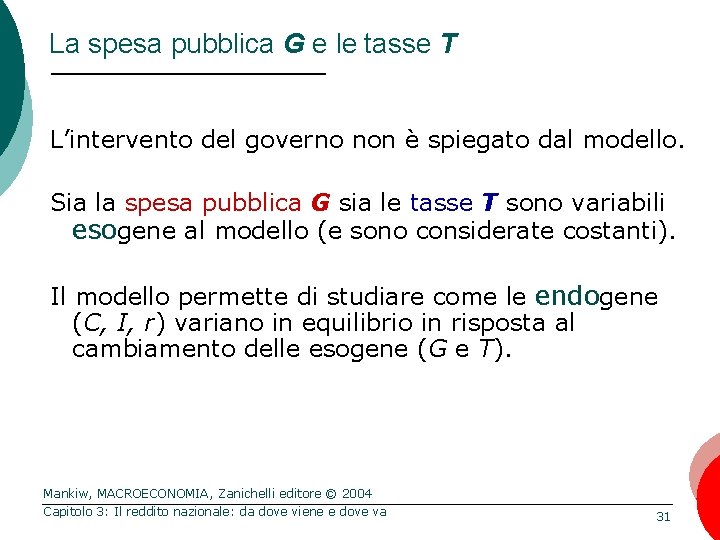 La spesa pubblica G e le tasse T L’intervento del governo non è spiegato