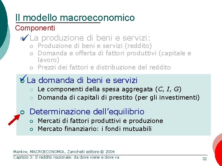 Il modello macroeconomico Componenti ¢ La produzione di beni e servizi: ¢ ¢ ¢