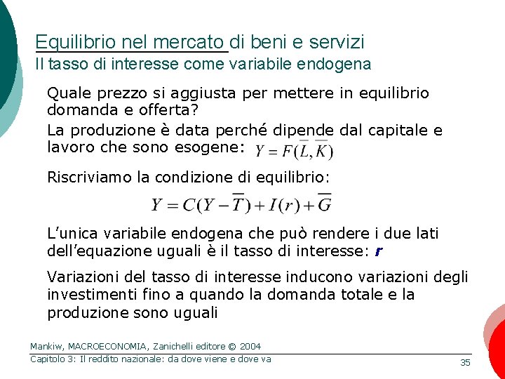 Equilibrio nel mercato di beni e servizi Il tasso di interesse come variabile endogena