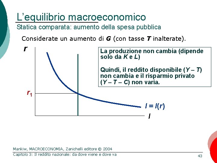 L’equilibrio macroeconomico Statica comparata: aumento della spesa pubblica Considerate un aumento di G (con