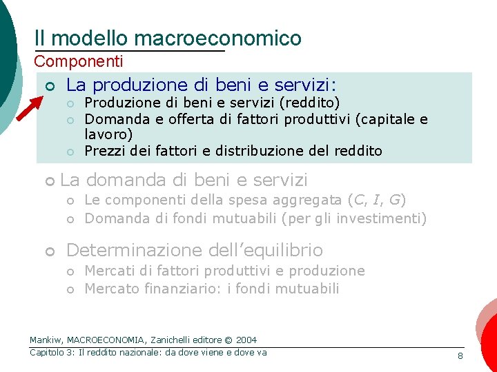 Il modello macroeconomico Componenti ¢ La produzione di beni e servizi: ¢ ¢ La
