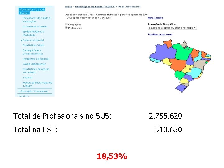 Total de Profissionais no SUS: Total na ESF: 2. 755. 620 510. 650 18,