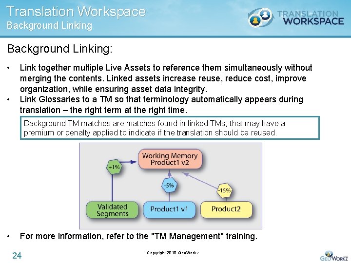 Translation Workspace Background Linking: • • Link together multiple Live Assets to reference them