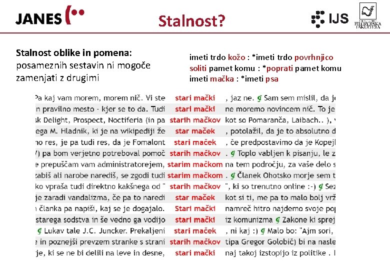 Stalnost? Stalnost oblike in pomena: posameznih sestavin ni mogoče zamenjati z drugimi imeti trdo