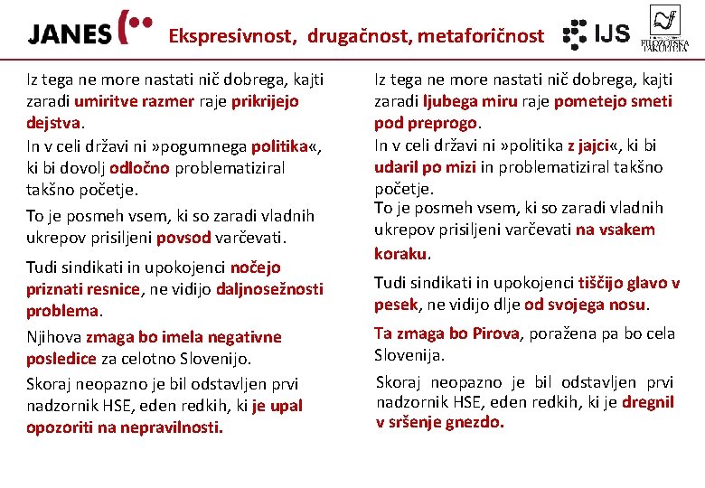 Ekspresivnost, drugačnost, metaforičnost Iz tega ne more nastati nič dobrega, kajti zaradi umiritve razmer