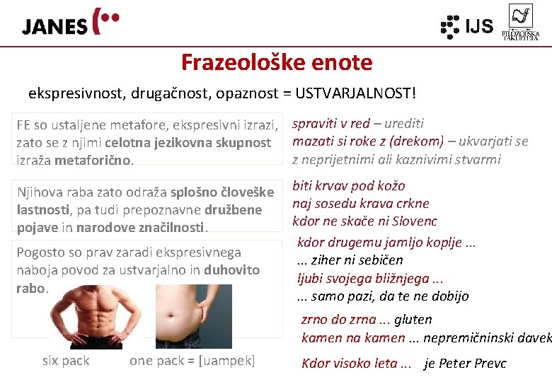 Frazeološke enote ekspresivnost, drugačnost, opaznost = USTVARJALNOST! FE so ustaljene metafore, ekspresivni izrazi, spraviti