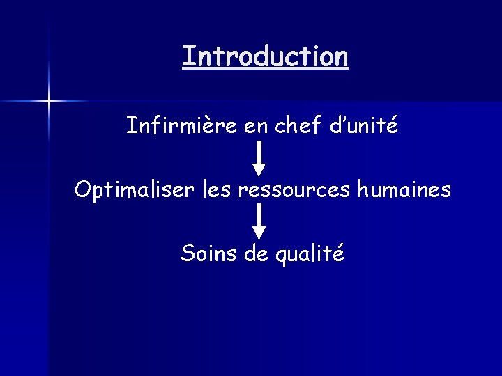 Introduction Infirmière en chef d’unité Optimaliser les ressources humaines Soins de qualité 