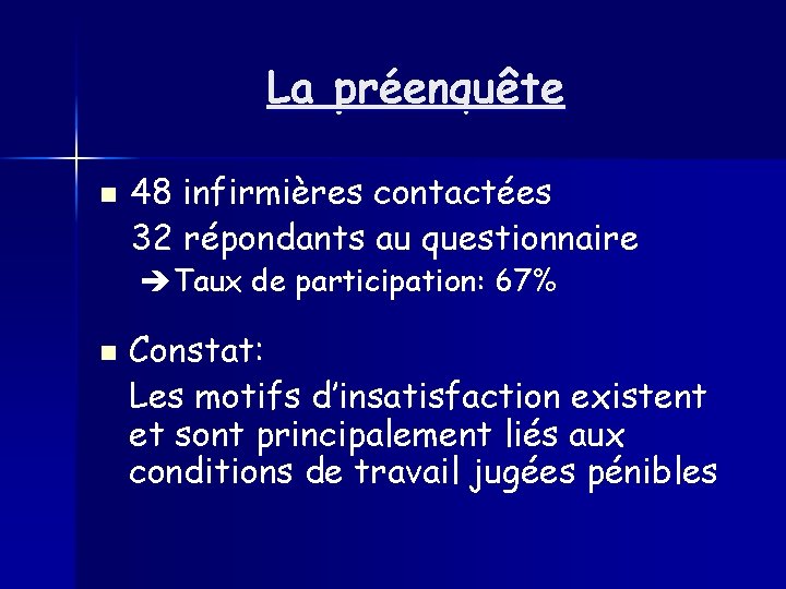 La préenquête n 48 infirmières contactées 32 répondants au questionnaire èTaux de participation: 67%
