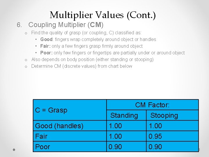 Multiplier Values (Cont. ) 6. Coupling Multiplier (CM) o Find the quality of grasp
