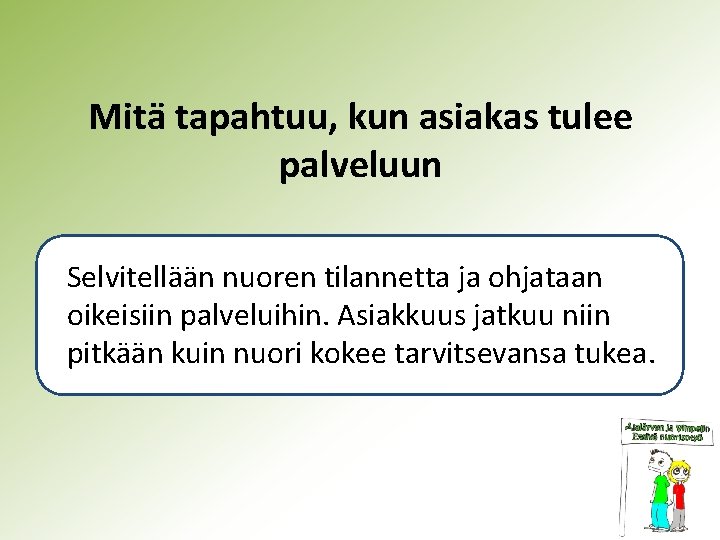 Mitä tapahtuu, kun asiakas tulee palveluun Selvitellään nuoren tilannetta ja ohjataan oikeisiin palveluihin. Asiakkuus