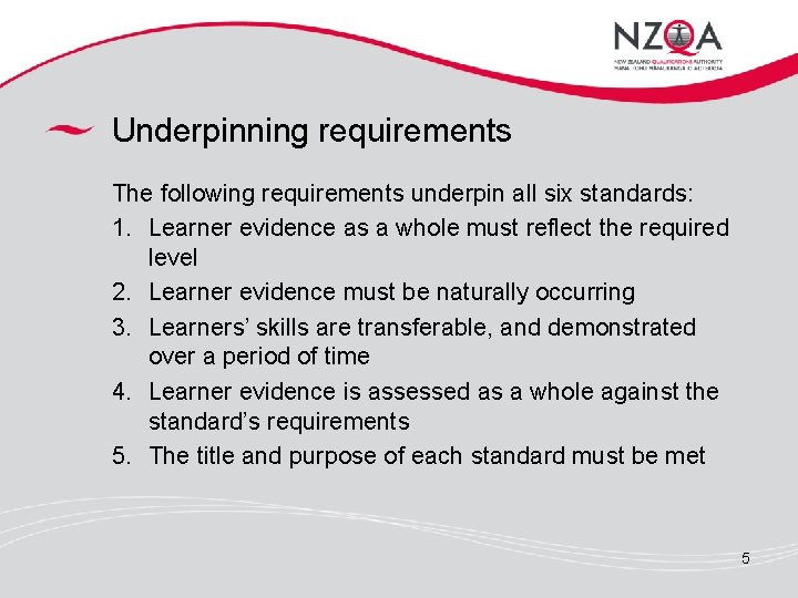 Underpinning requirements The following requirements underpin all six standards: 1. Learner evidence as a