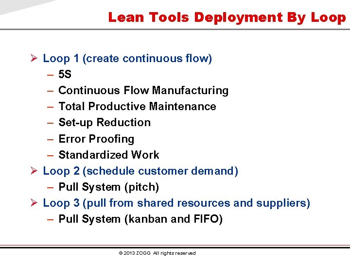 Lean Tools Deployment By Loop Ø Loop 1 (create continuous flow) – 5 S