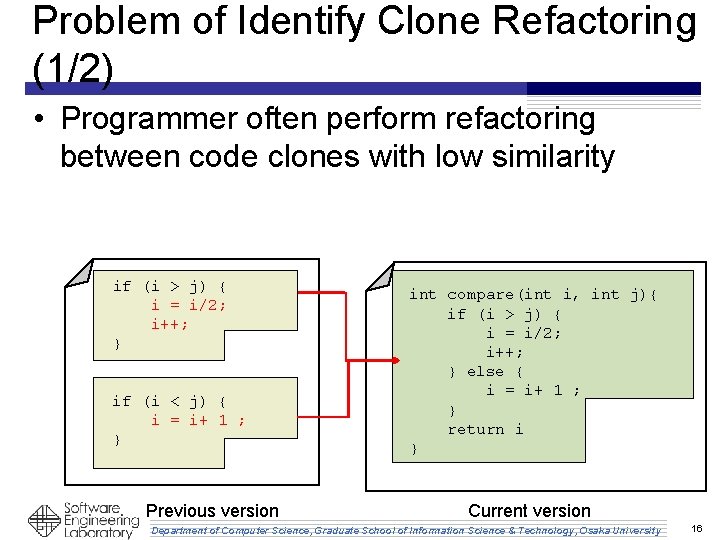 Problem of Identify Clone Refactoring (1/2) • Programmer often perform refactoring between code clones Problem of Identify Clone Refactoring (1/2) • Programmer often perform refactoring between code clones