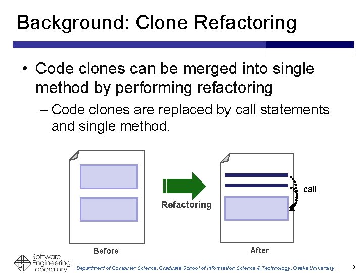 Background: Clone Refactoring • Code clones can be merged into single method by performing