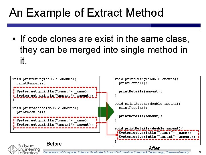 An Example of Extract Method • If code clones are exist in the same An Example of Extract Method • If code clones are exist in the same