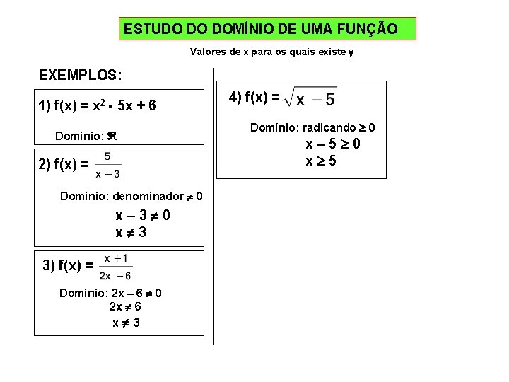 ESTUDO DO DOMÍNIO DE UMA FUNÇÃO Valores de x para os quais existe y ESTUDO DO DOMÍNIO DE UMA FUNÇÃO Valores de x para os quais existe y
