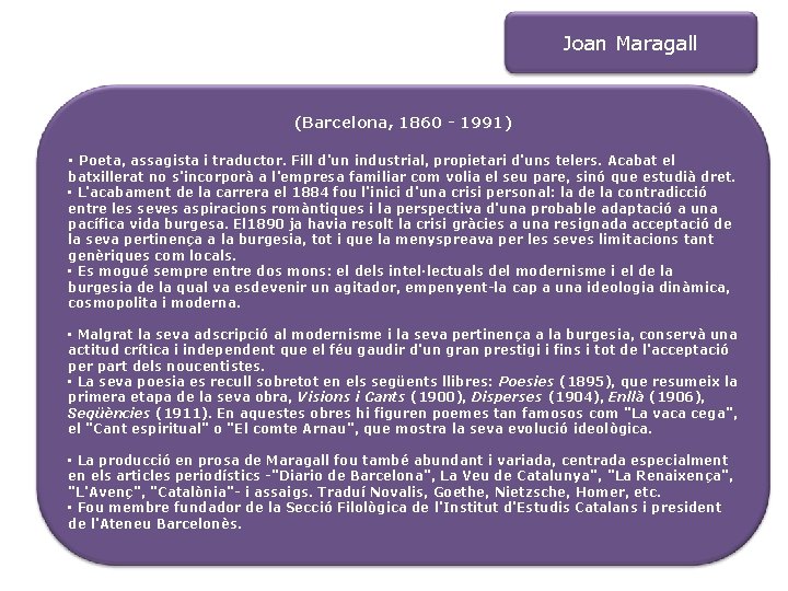 Joan Maragall (Barcelona, 1860 - 1991) • Poeta, assagista i traductor. Fill d'un industrial,