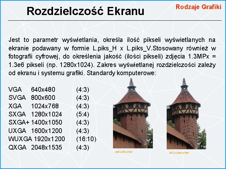 Rozdzielczość Ekranu Rodzaje Grafiki Jest to parametr wyświetlania, określa ilość pikseli wyświetlanych na ekranie