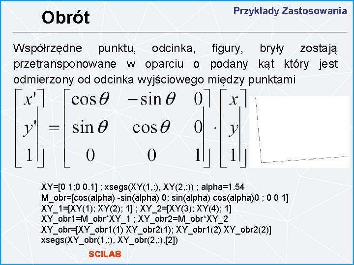 Obrót Przykłady Zastosowania Współrzędne punktu, odcinka, figury, bryły zostają przetransponowane w oparciu o podany