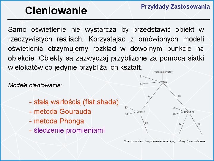 Cieniowanie Przykłady Zastosowania Samo oświetlenie wystarcza by przedstawić obiekt w rzeczywistych realiach. Korzystając z