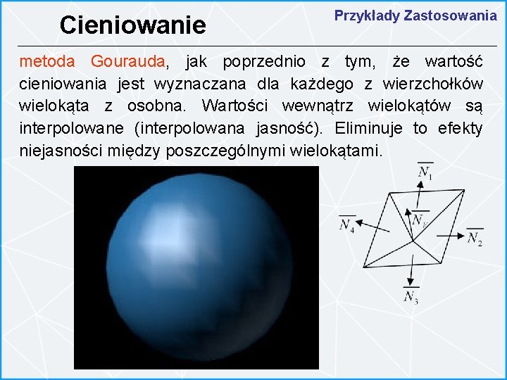 Cieniowanie Przykłady Zastosowania metoda Gourauda, jak poprzednio z tym, że wartość cieniowania jest wyznaczana