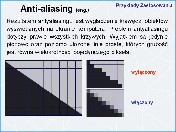 Anti-aliasing (eng. ) Przykłady Zastosowania Rezultatem antyaliasingu jest wygładzenie krawędzi obiektów wyświetlanych na ekranie
