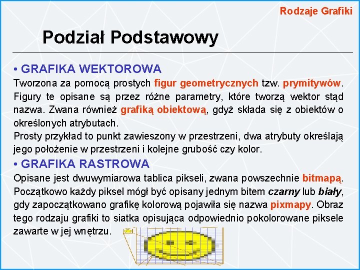 Rodzaje Grafiki Podział Podstawowy • GRAFIKA WEKTOROWA Tworzona za pomocą prostych figur geometrycznych tzw.