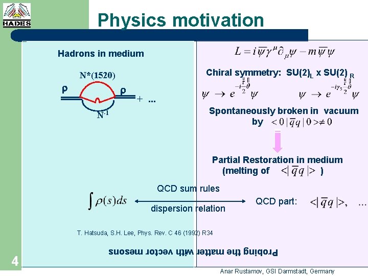 Physics motivation Hadrons in medium Chiral symmetry: SU(2)L x SU(2) R N*(1520) r r