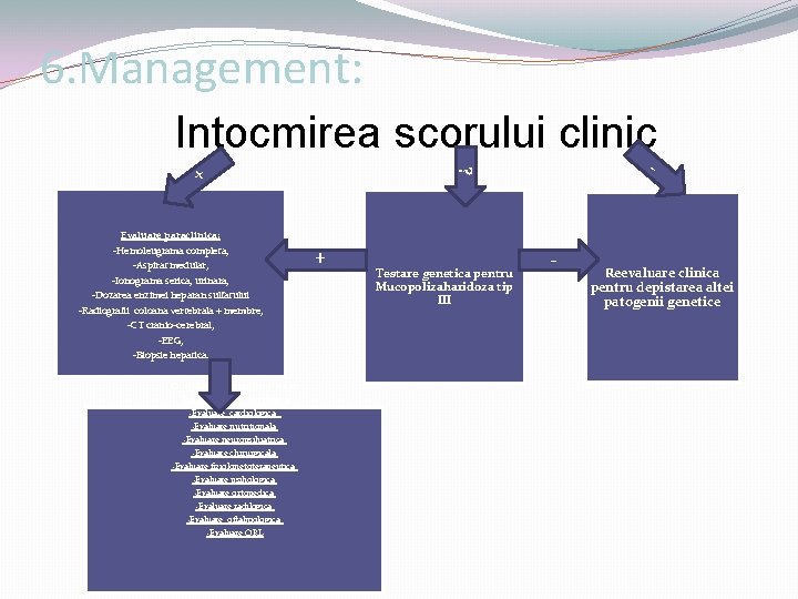 6. Management: Intocmirea scorului clinic + ? - Evaluare paraclinica: -Aspirat medular, -Ionograma serica,