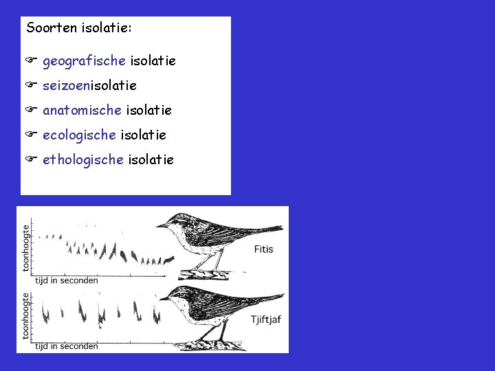 Soorten isolatie: geografische isolatie seizoenisolatie anatomische isolatie ecologische isolatie ethologische isolatie 