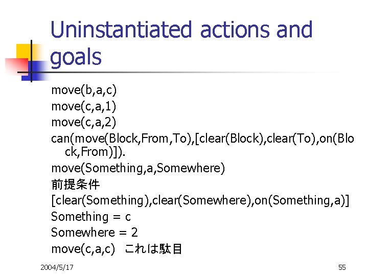 Uninstantiated actions and goals move(b, a, c) move(c, a, 1) move(c, a, 2) can(move(Block,