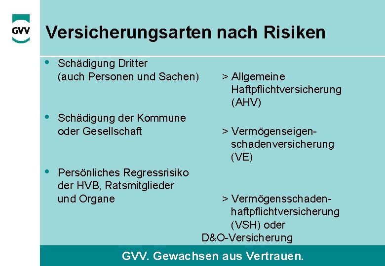 Versicherungsarten nach Risiken • Schädigung Dritter (auch Personen und Sachen) • Schädigung der Kommune